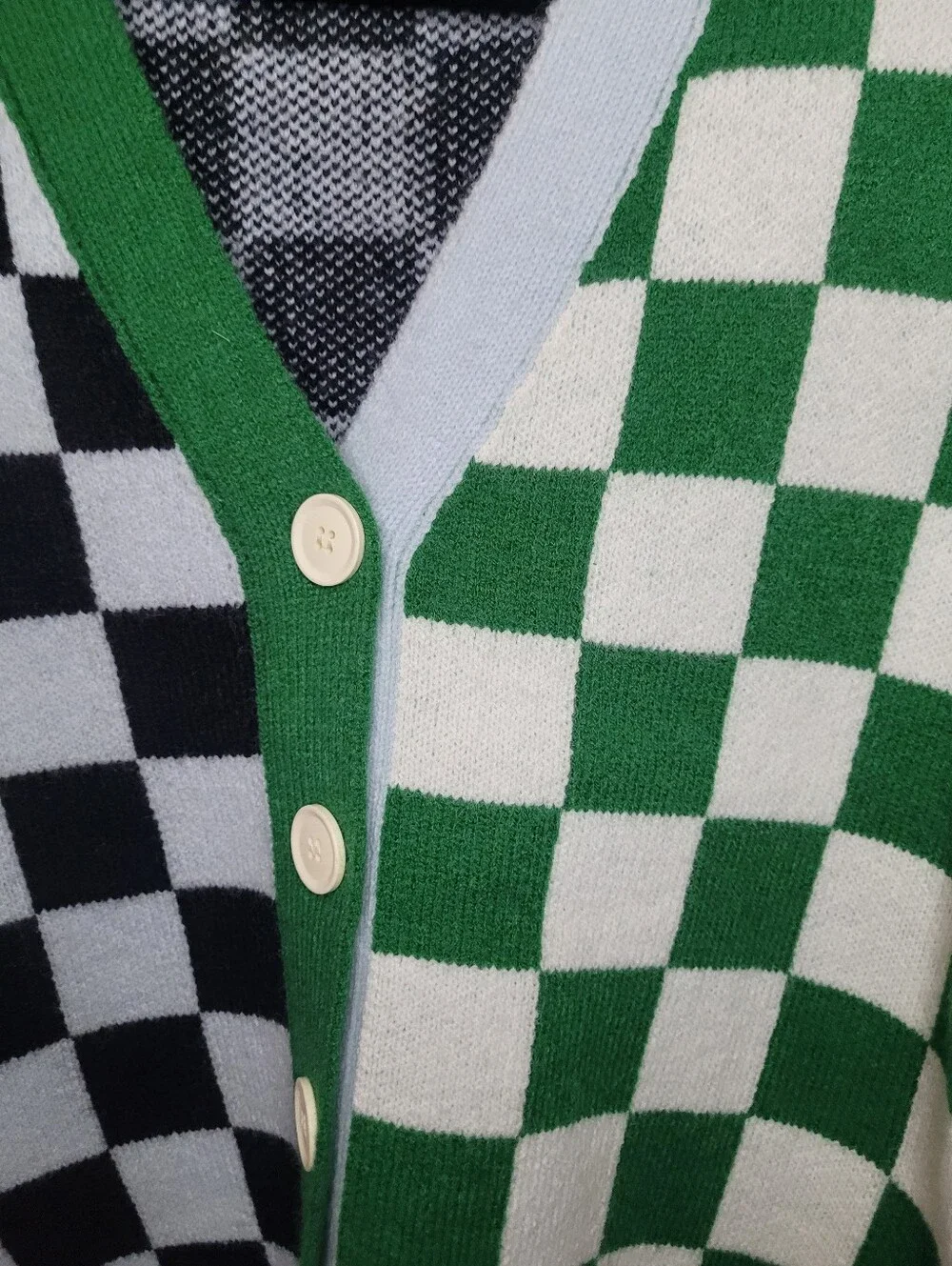 ILLA ILLA Checkerboard Button-Front Cardigan With Denim Sleeves Sz S/M NWOT